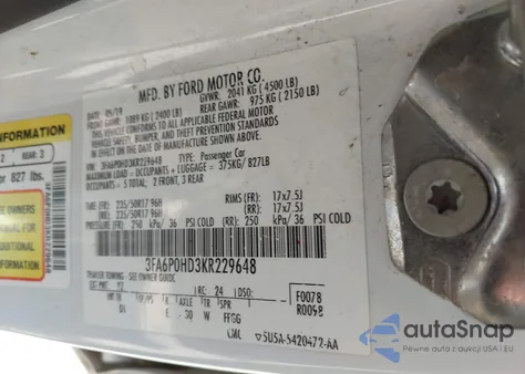 2019 Ford Fusion Se из США, поврежденный, VIN 3FA6P0HD3KR229648